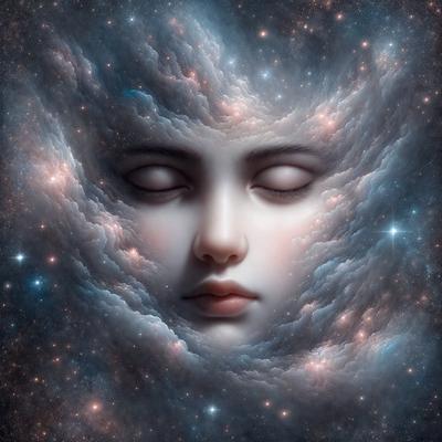 The primary subject of the image is a close-up of a woman's face, with her eyes closed. The setting is a cloudy sky, and the visual style is a digital art or illustration. The colors and mood of the image are predominantly dark and moody, with the woman's face being the main focus.
